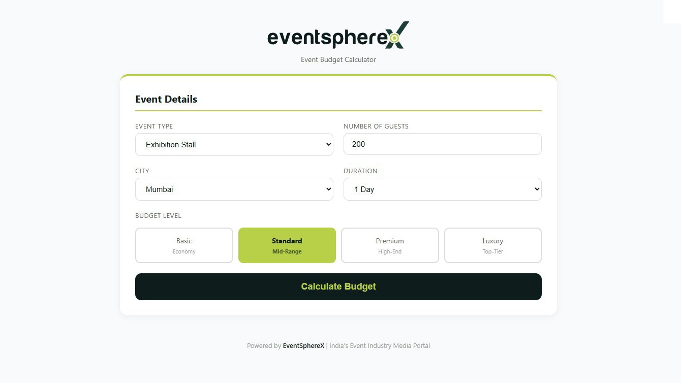 EventSphereX Free Event Budget Calculator - Enter event details like type, guests, city and duration